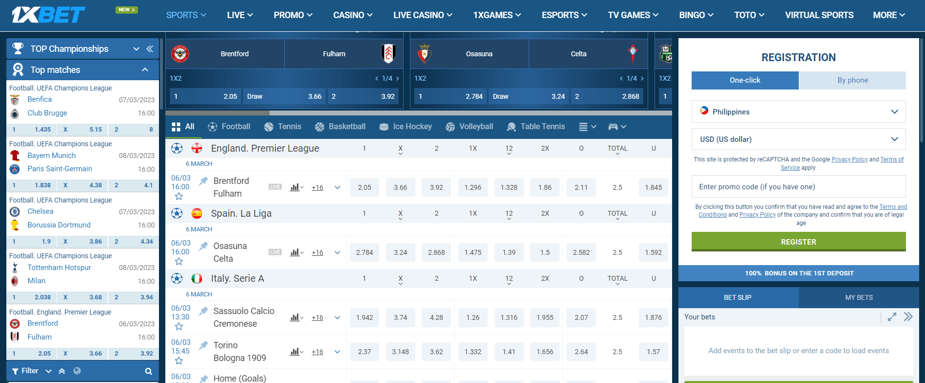 1xbet Sport Betting philippines ui