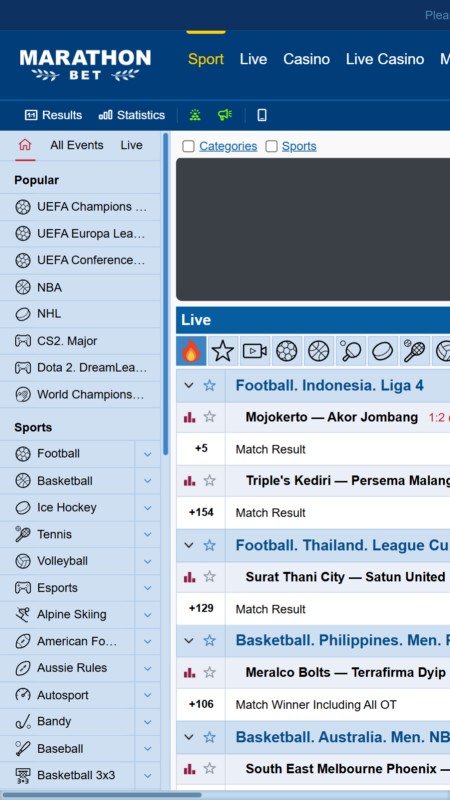 MarathonBet sportsbook live list, including a PBA game