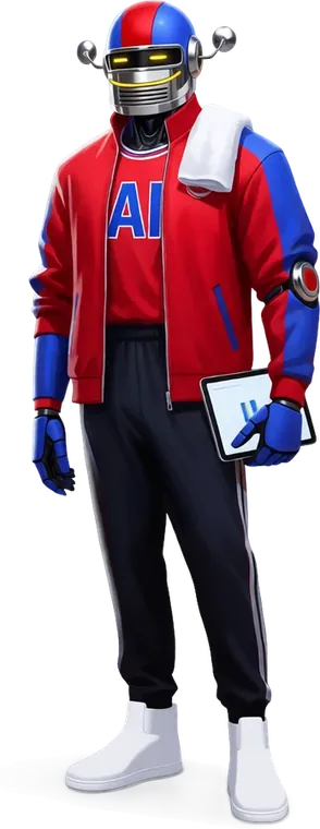 Kuya Datos, the AI predictor, an adult android in a red warm-up jacket and AI jersey, holding a stats tablet