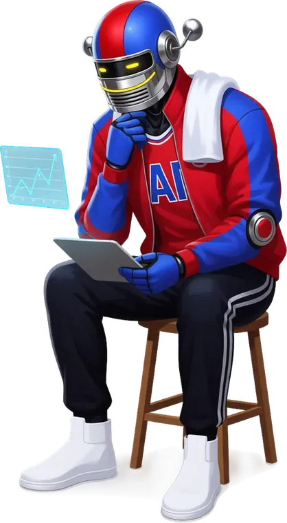 Kuya Datos, the AI predictor, an adult android sitting on a stool and studying a floating chart