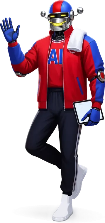 Kuya Datos, the AI predictor, an adult android in a red warm-up jacket, waving